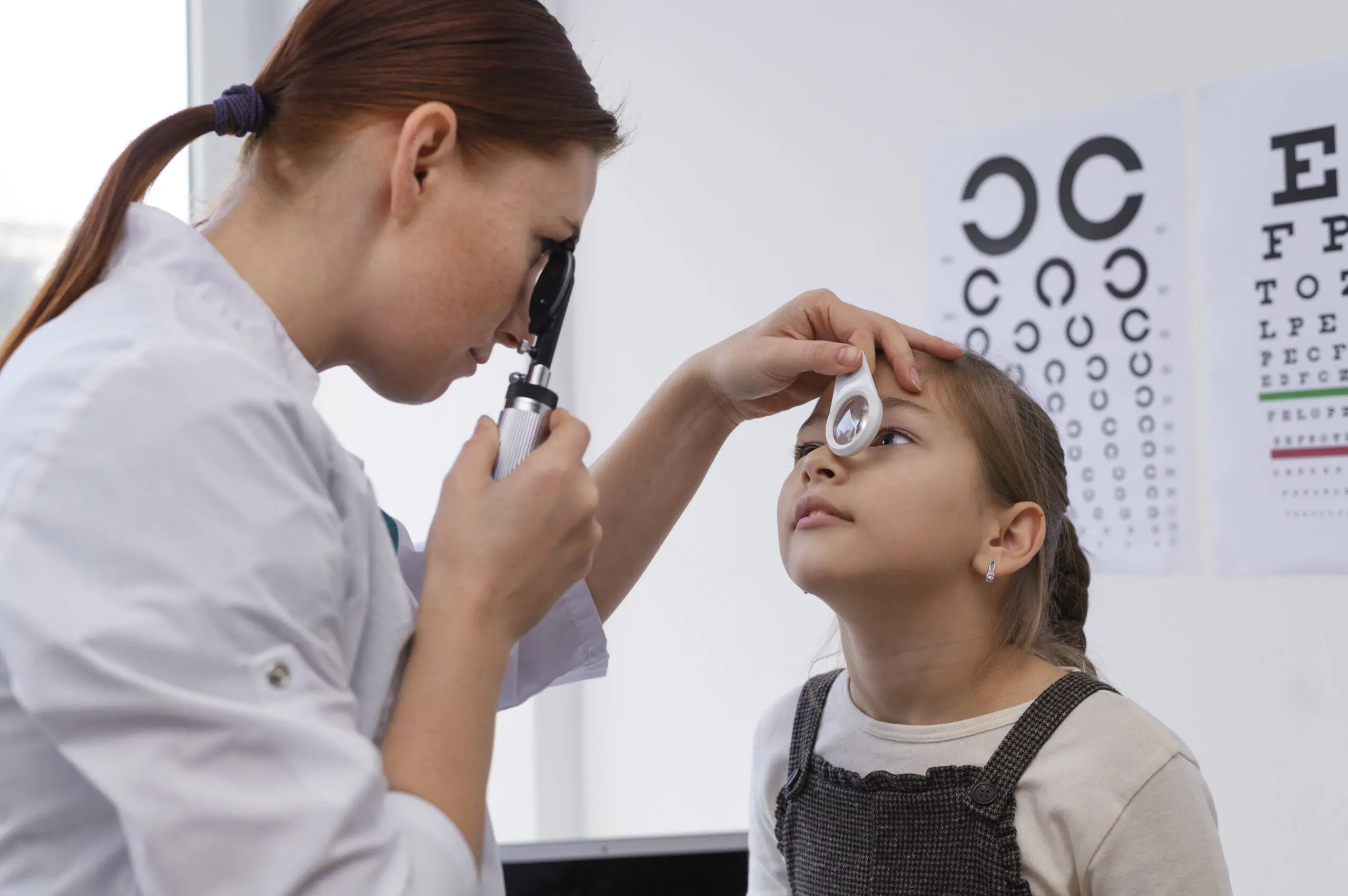 Optometrist examining a young girl's eyes during her first eye exam