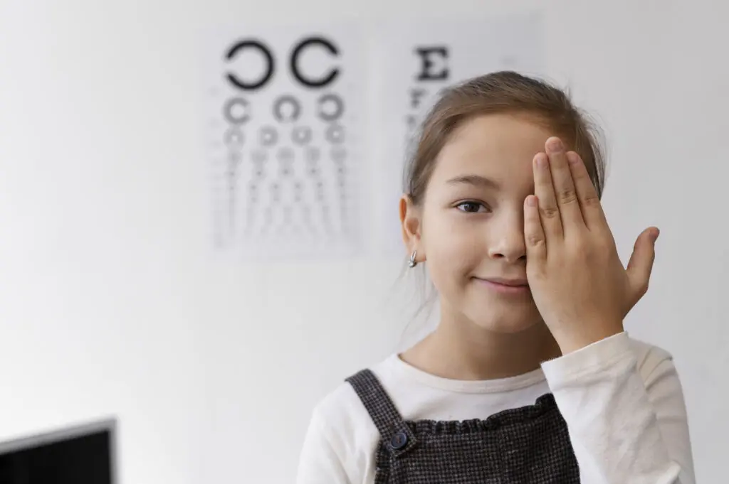 Young girl covering one eye during a exam at the eye doctor