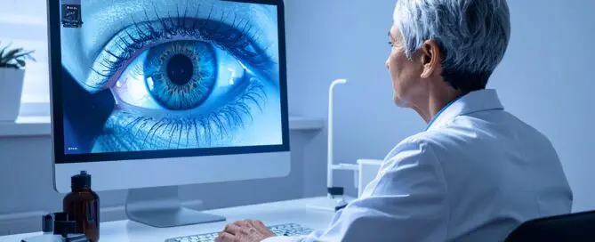 Doctor at computer with eyeball on the screen during tele-optometric exam. Maple Grove Eye Doctors at Pearle Vision