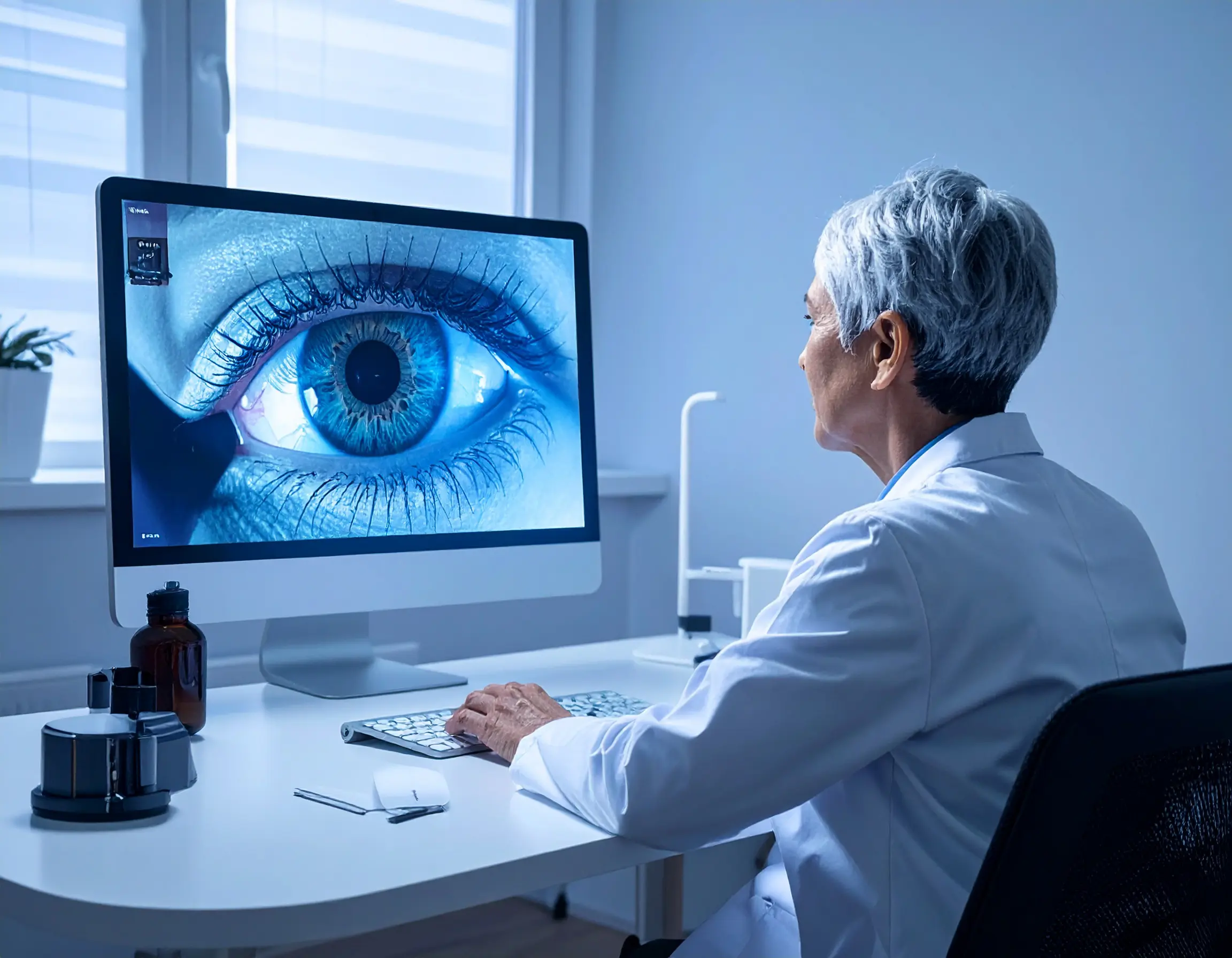 Doctor at computer with eyeball on the screen during tele-optometric exam. Maple Grove Eye Doctors at Pearle Vision