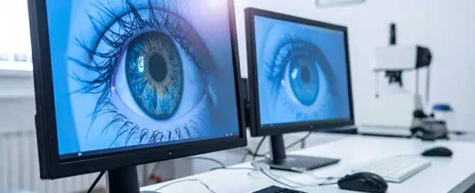 2 computer screens showing closeup of eyes in tele-optometry Maple Grove Eye Doctors at Pearle Vision