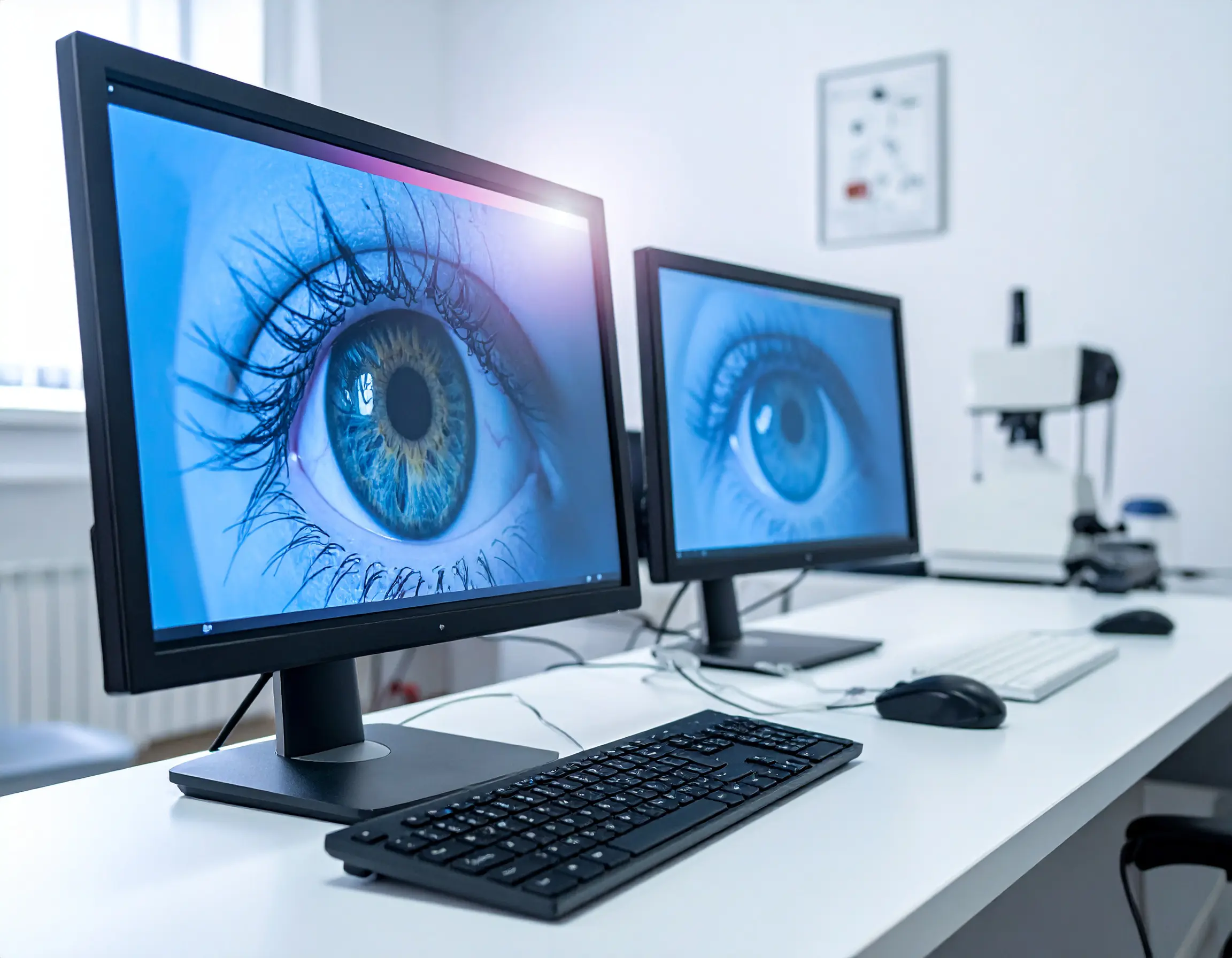 2 computer screens showing closeup of eyes in tele-optometry Maple Grove Eye Doctors at Pearle Vision